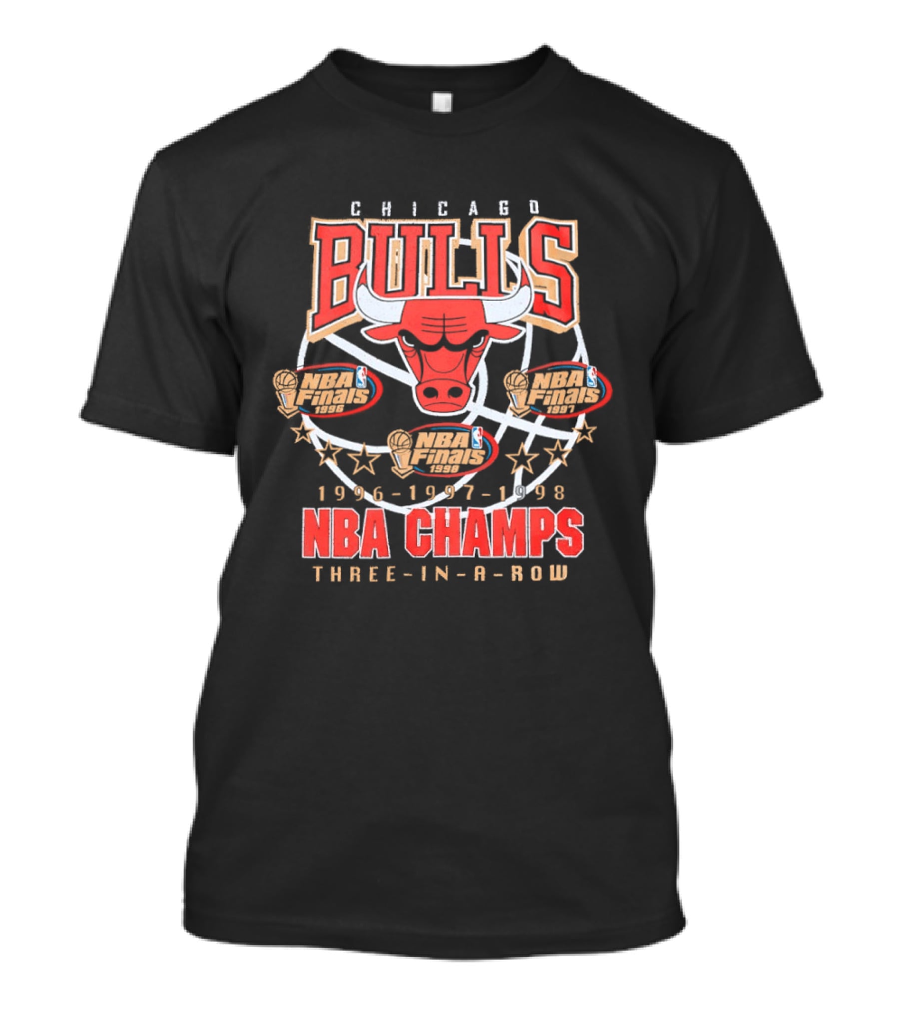 Chicago Bulls NBA Champs Three In A Row 1996 1997 1998 T-Shirt