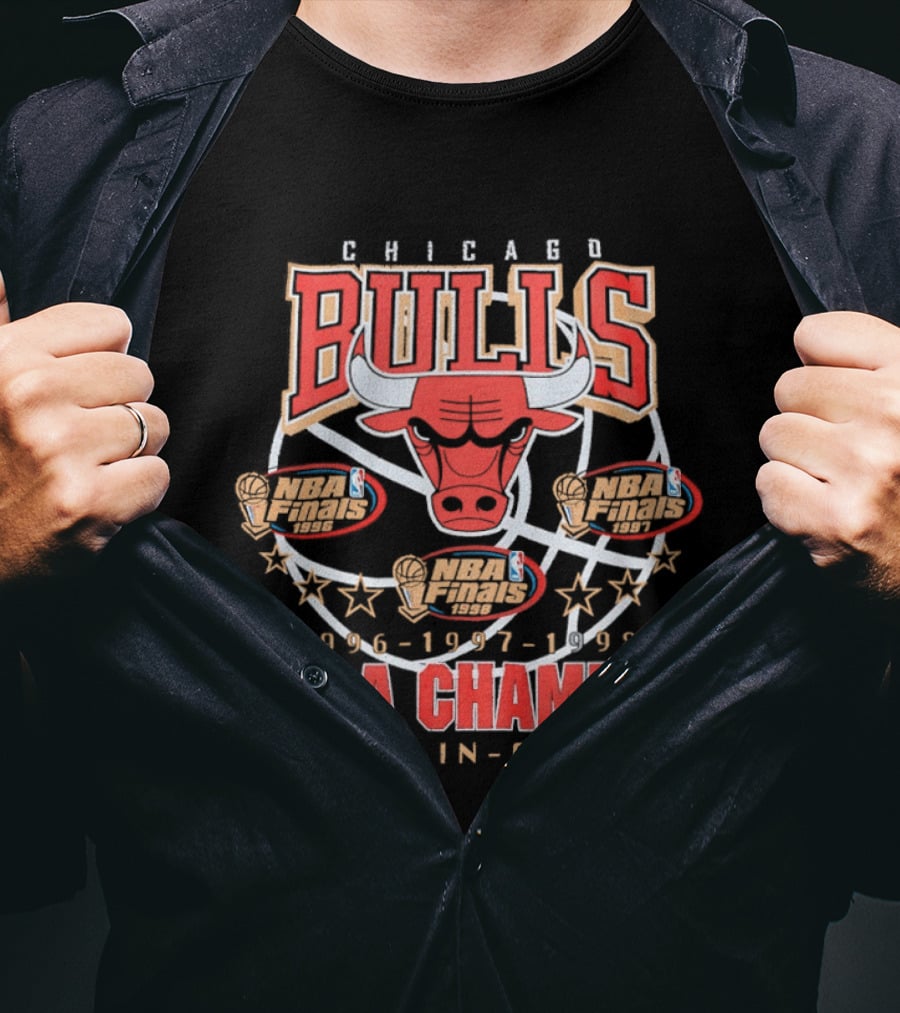 Chicago Bulls NBA Champs Three In A Row 1996 1997 1998 T-Shirt