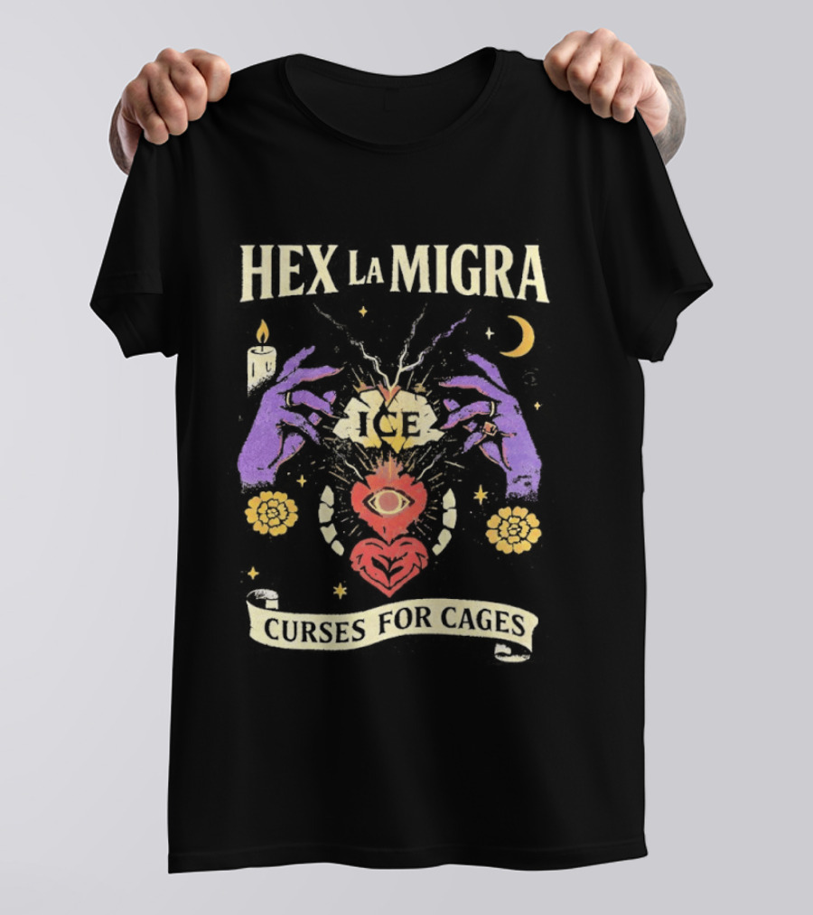 Hex La Migra Curses For Cages Eye Heart Moon Candle Sun Hands T-Shirt