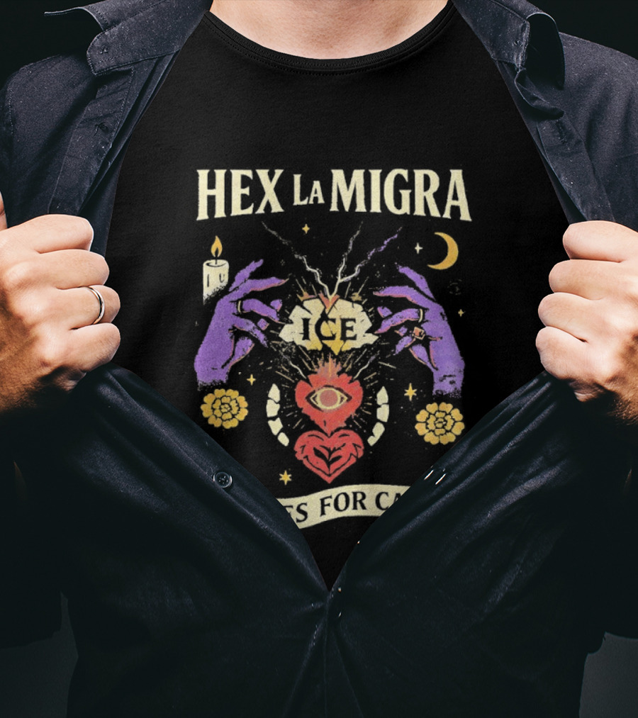 Hex La Migra Curses For Cages Eye Heart Moon Candle Sun Hands T-Shirt