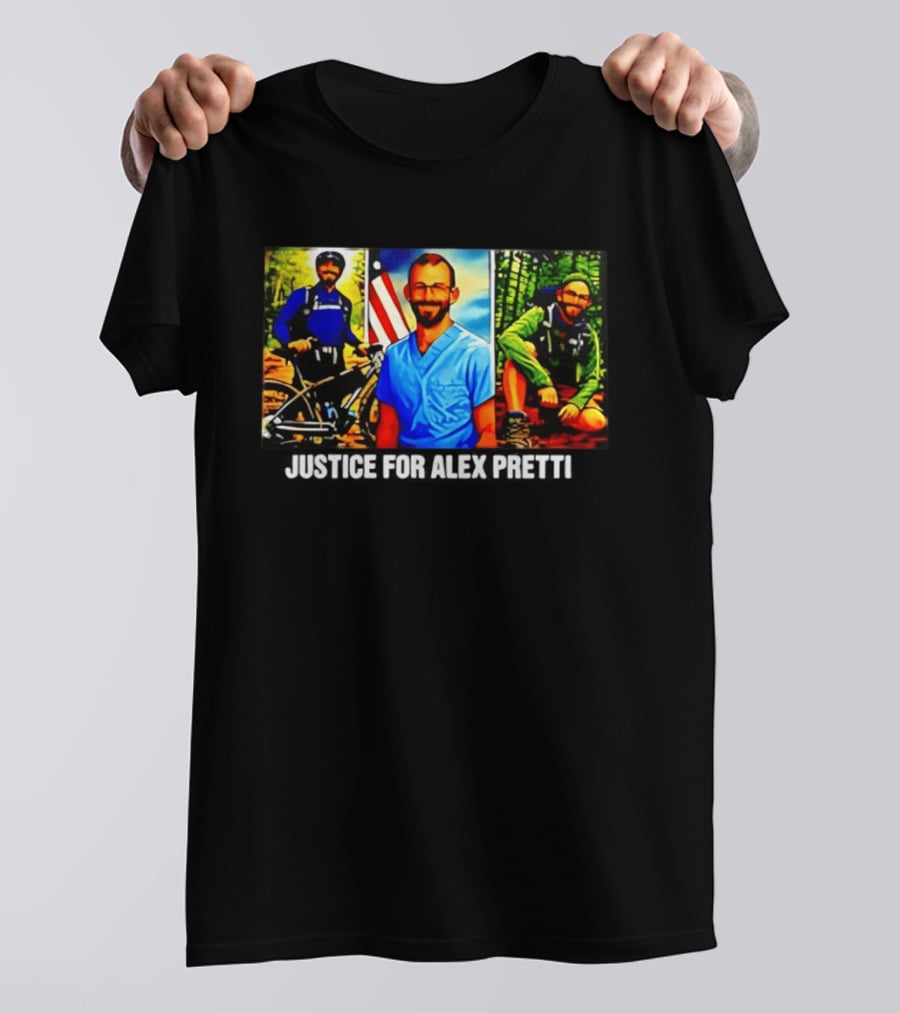 Justice For Alex Pretti Cartoon Art With American Flag And Nature Explorer T-Shirt
