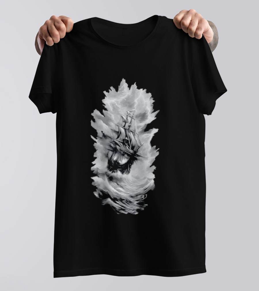 Driven By The Storm Sailing Ship Amidst Thunderous Waves T-Shirt