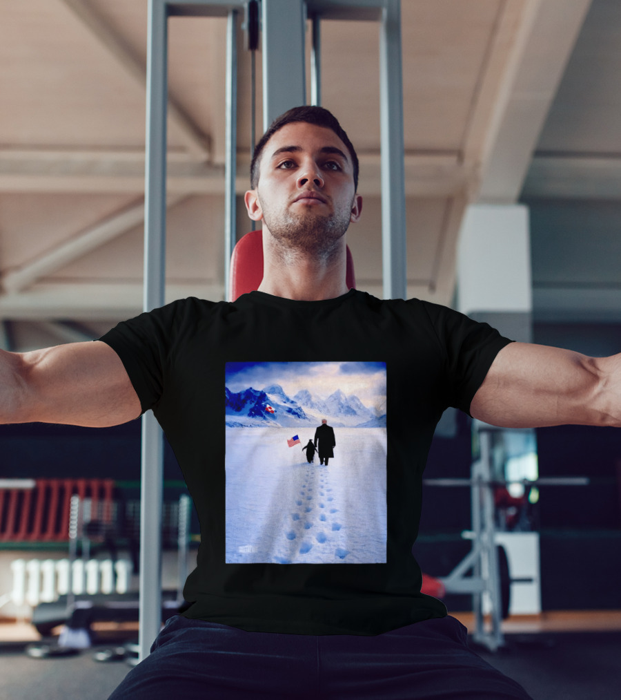 The White House Donald Trump Walking With Penguin American Canadian Flags Snowy Mountains T-Shirt