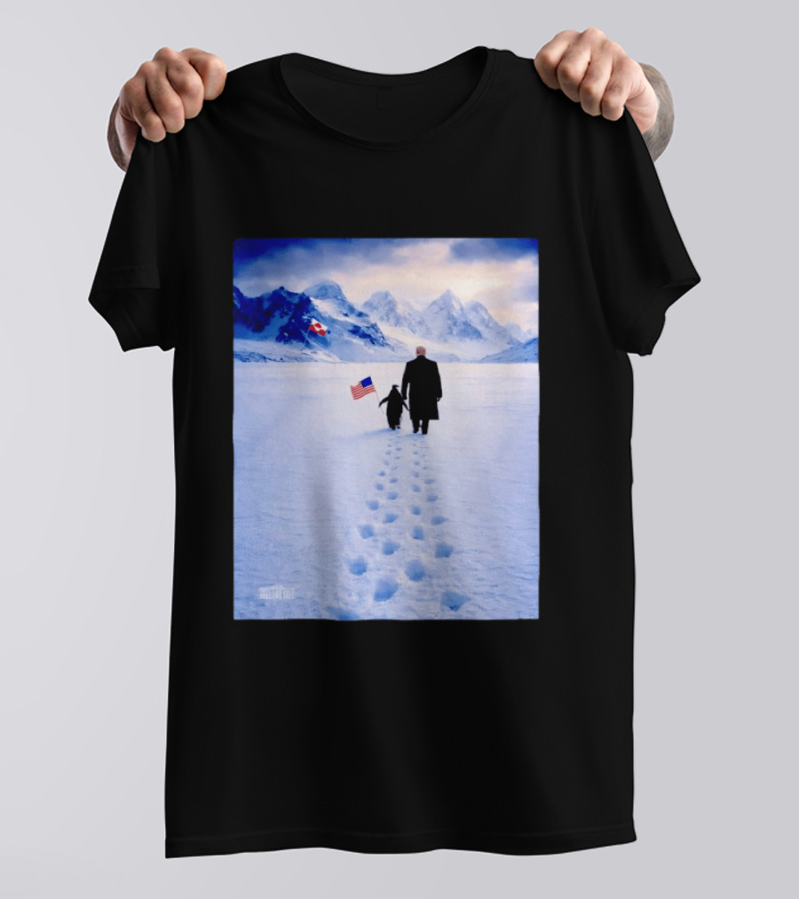 The White House Donald Trump Walking With Penguin American Canadian Flags Snowy Mountains T-Shirt