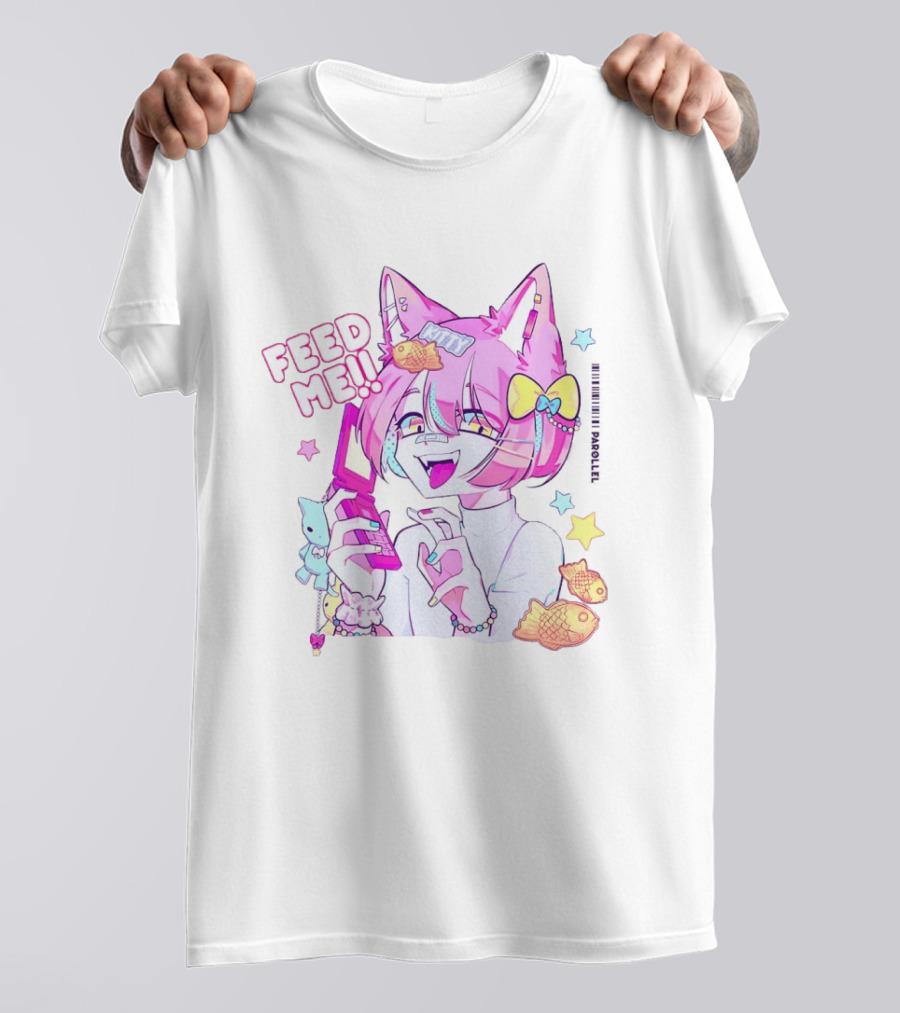 Anime Feed Me Pastel Kawaii Catgirl Eating Fish Cookies T-Shirt