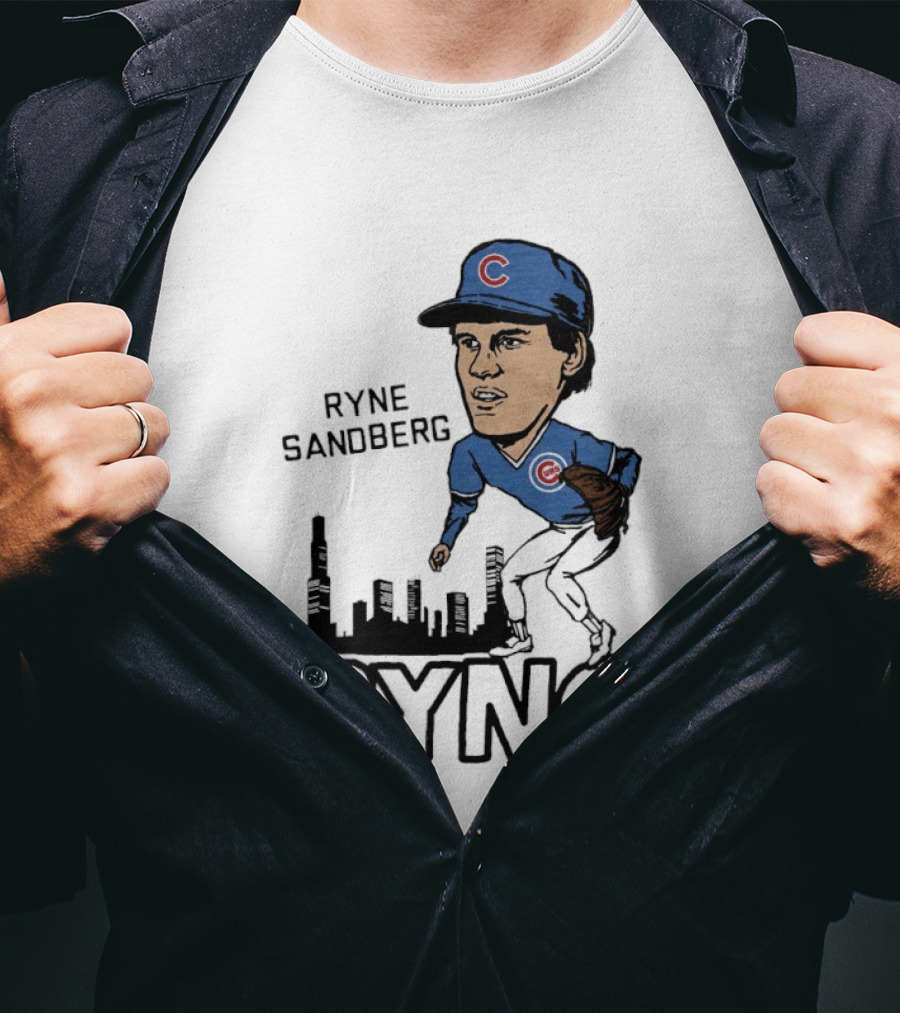 Ryne Sandberg Ryno Chicago Cubs Cartoon Skyline T-Shirt