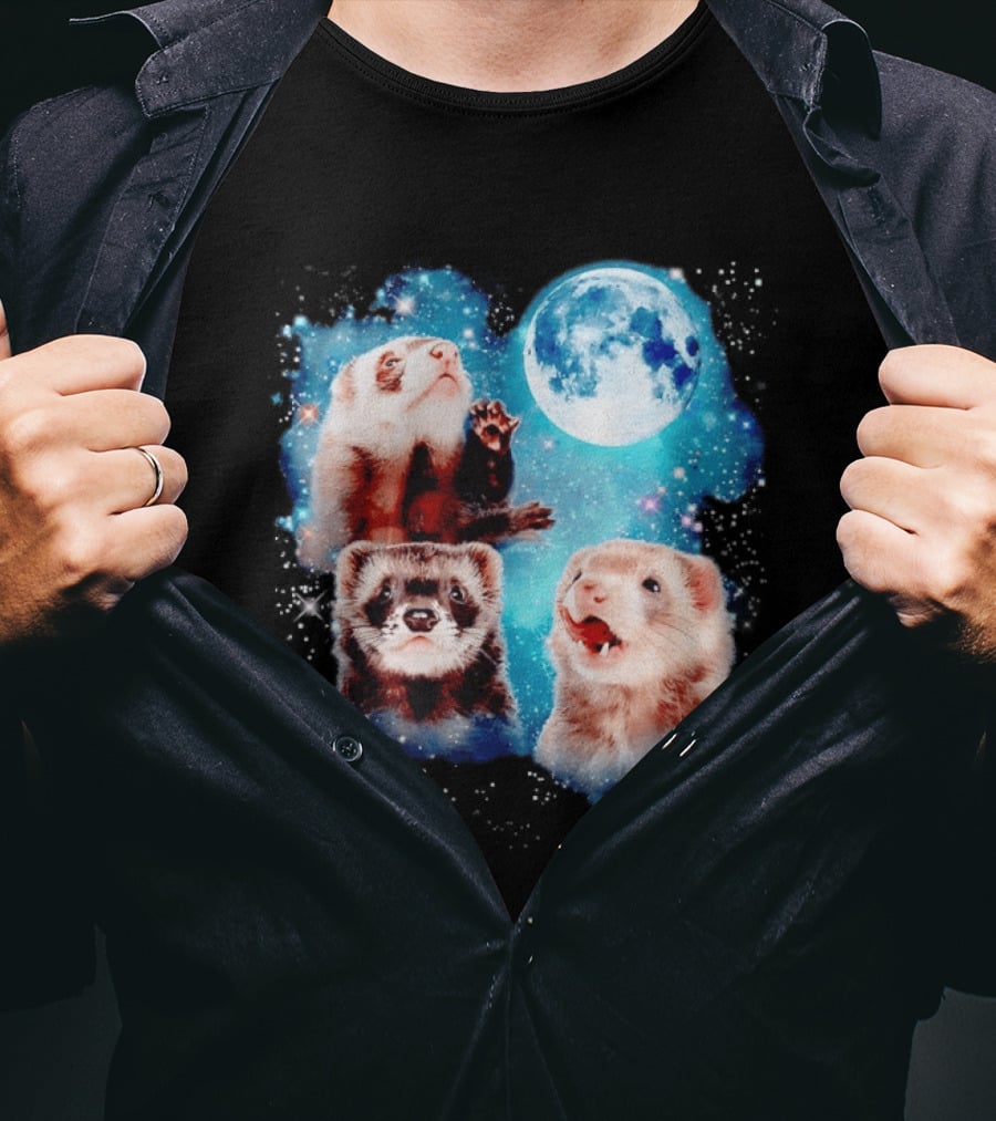 Ferret Trio With Full Moon And Starlit Sky T-Shirt
