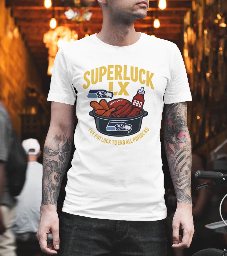 SuperLuck LX Seattle Seahawks Potluck BBQ Football T-Shirt