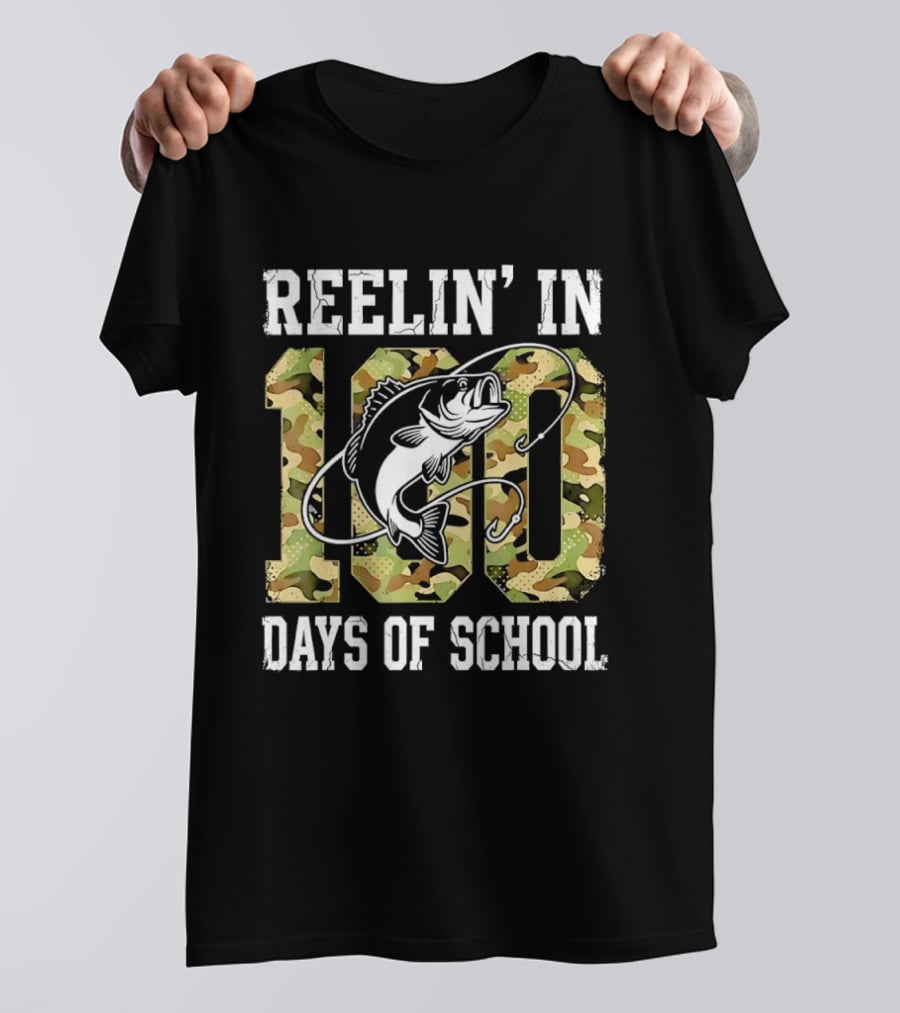 Reelin' In 100 Days Of School Bass Camo Fishing T-Shirt