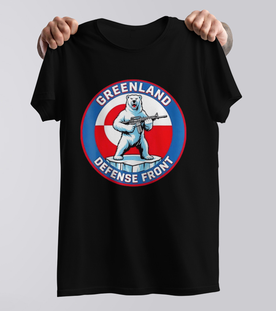 Greenland Defense Front Grumpy Polar Bear Holding Rifle T-Shirt