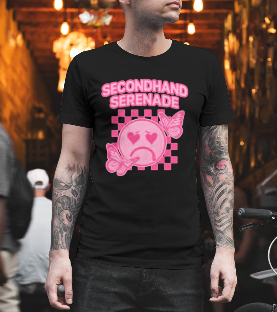 Secondhand Serenade Sad Emo Pink Heartbroken Face With Butterflies T-Shirt