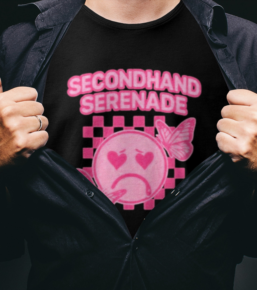 Secondhand Serenade Sad Emo Pink Heartbroken Face With Butterflies T-Shirt