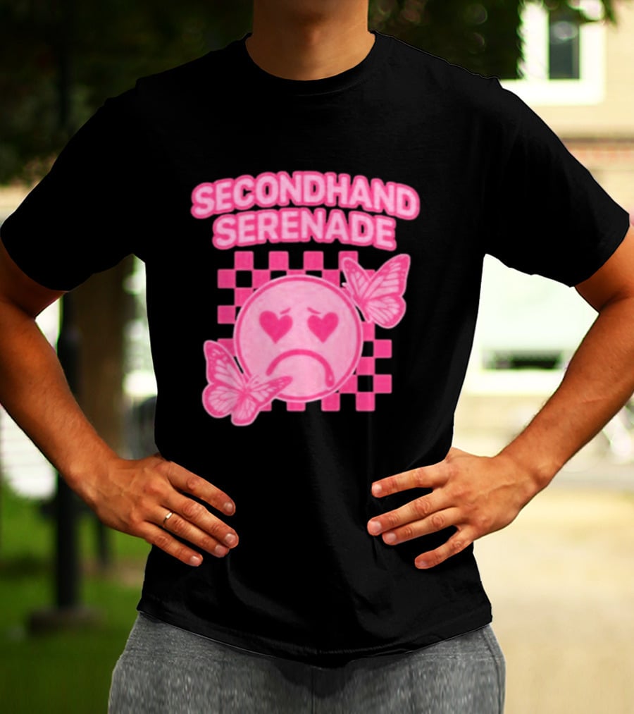 Secondhand Serenade Sad Emo Pink Heartbroken Face With Butterflies T-Shirt