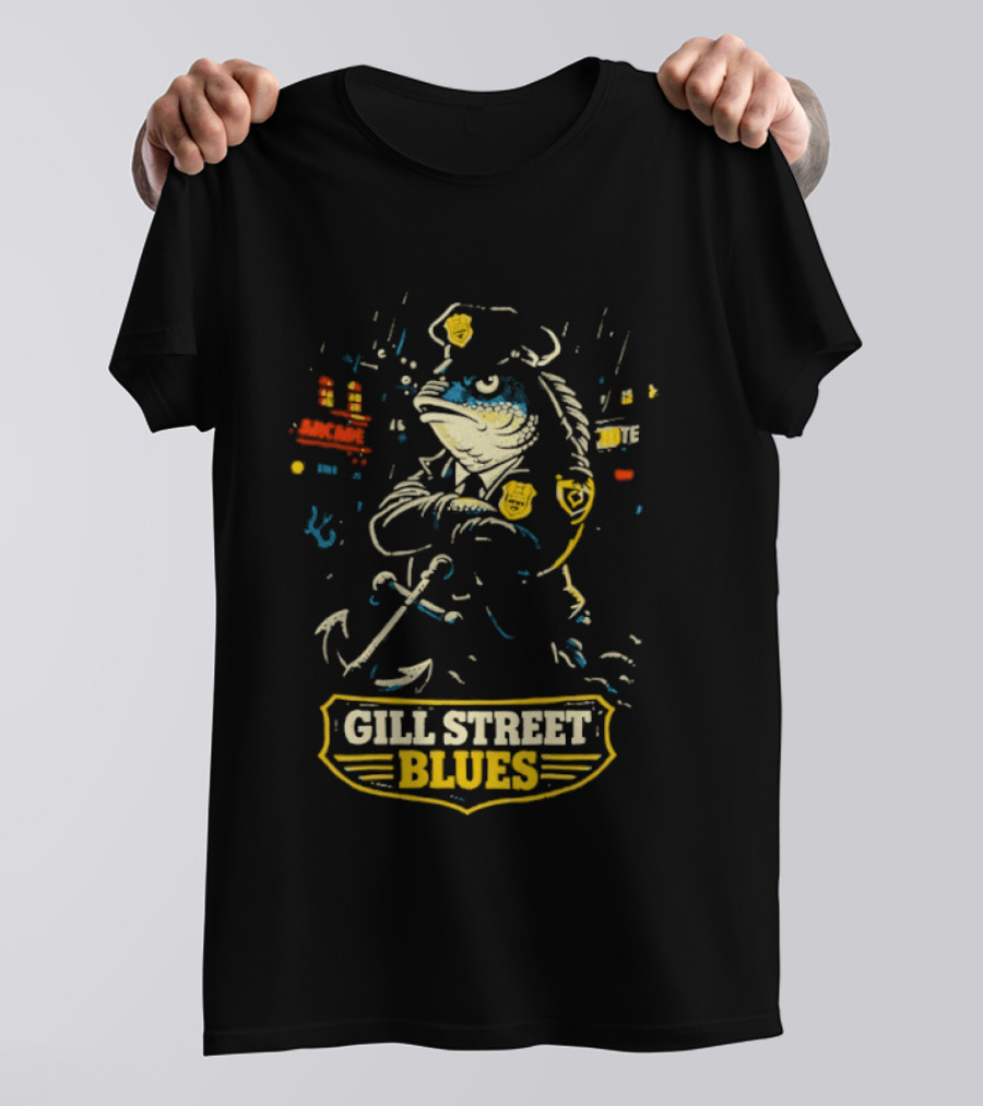 Gill Street Blues Police Fish Retro Cartoon T-Shirt