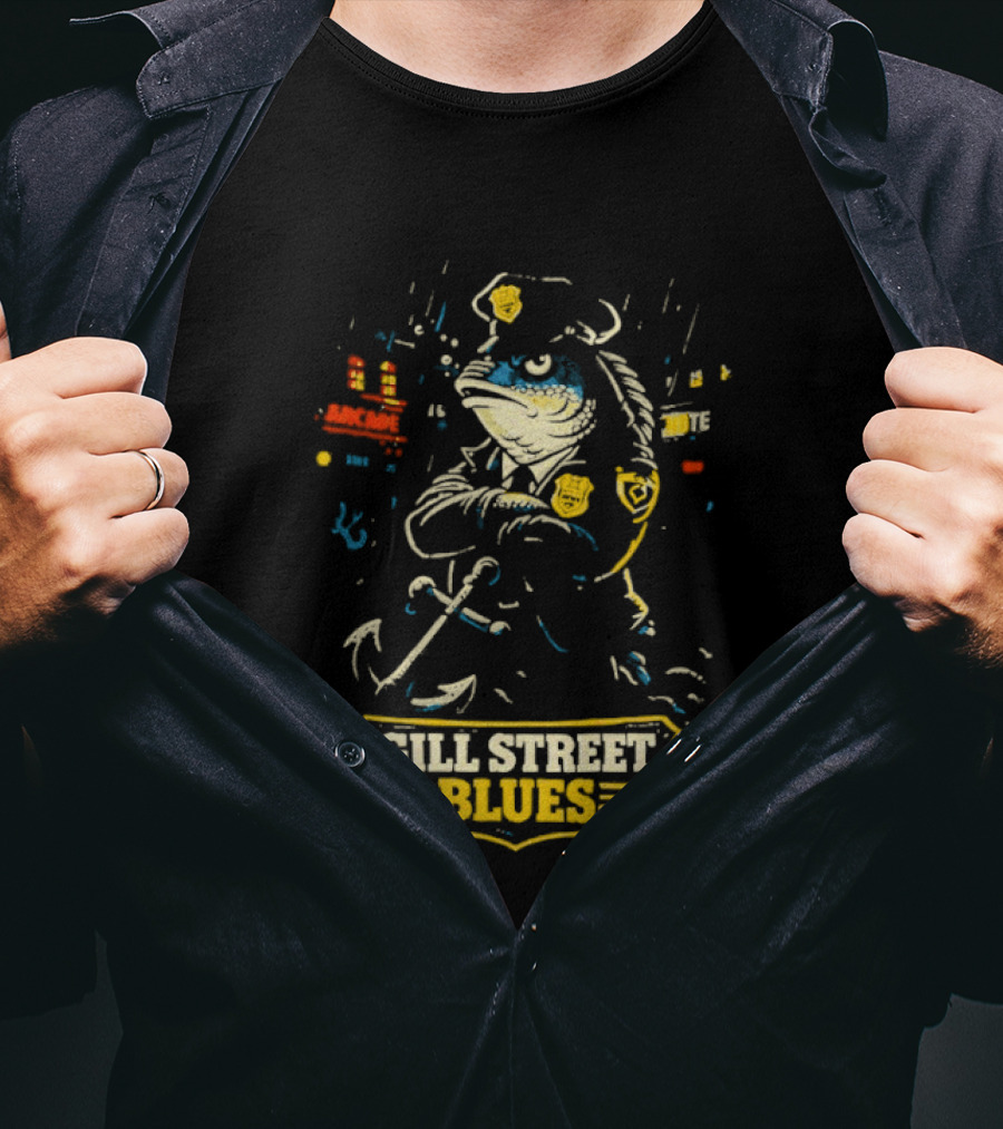 Gill Street Blues Police Fish Retro Cartoon T-Shirt