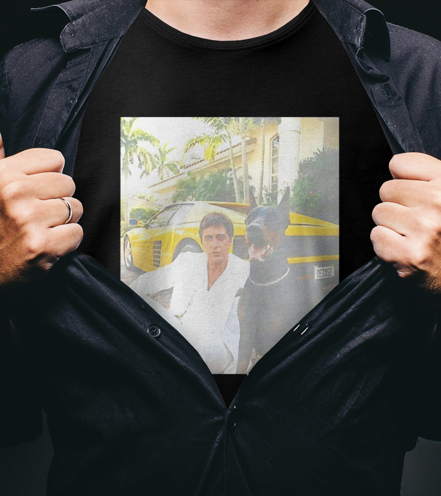Tony Montana With Dog In Front Of Yellow Sports Car Scene From Scarface T-Shirt