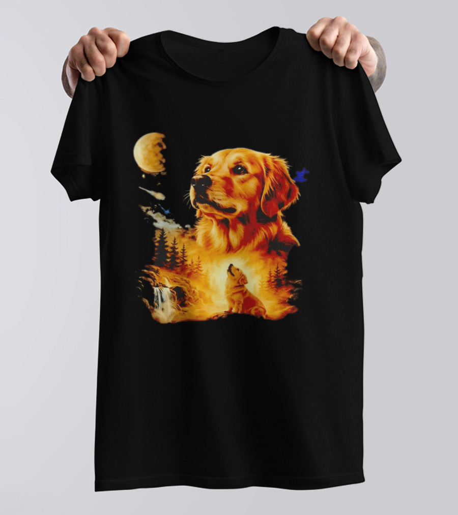 Golden Retriever Majestic Night Howl At Moonlit Waterfall T-Shirt