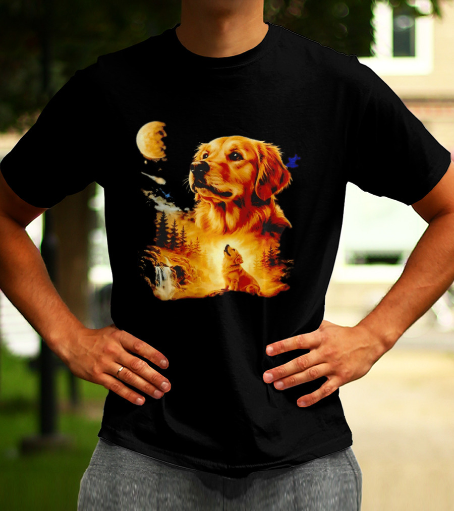 Golden Retriever Majestic Night Howl At Moonlit Waterfall T-Shirt