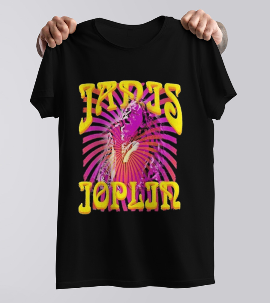 Janis Joplin Psychedelic Swirl Vibrant Yellow Text Pink Burst T-Shirt