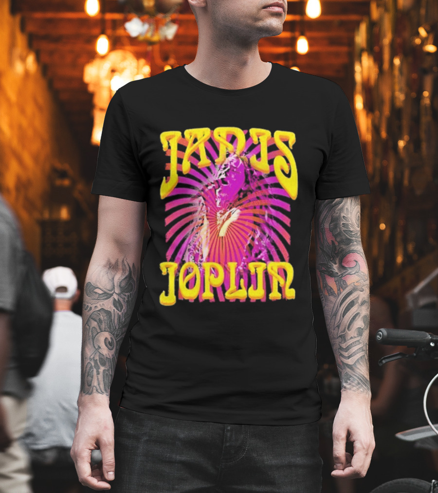 Janis Joplin Psychedelic Swirl Vibrant Yellow Text Pink Burst T-Shirt