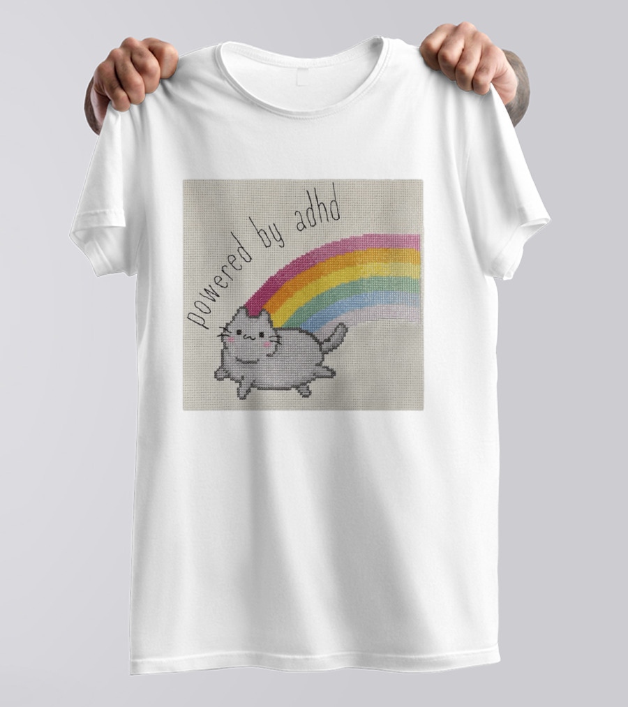 Cat Powered By ADHD Rainbow Cute Cross Stitch Patchwork T-Shirt