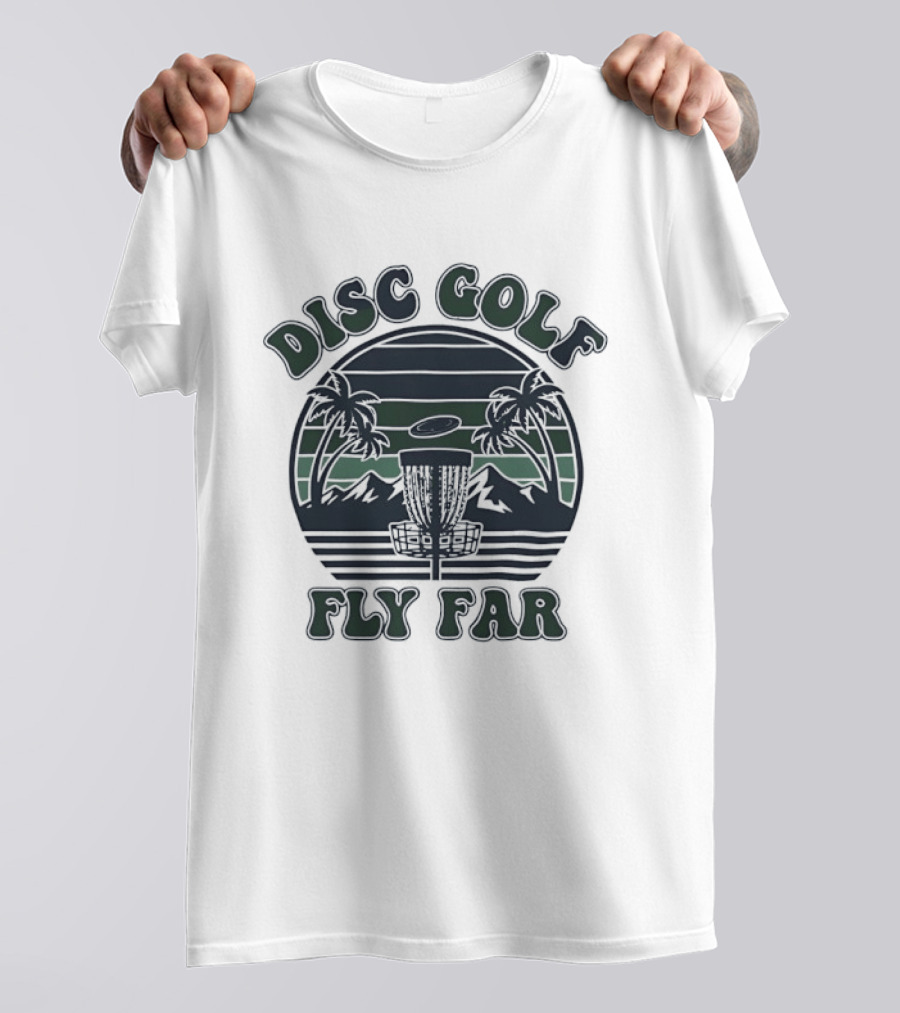 Disc Golf Fly Far Sunset Palm Trees Mountains T-Shirt