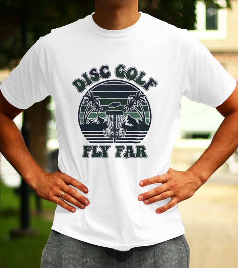 Disc Golf Fly Far Sunset Palm Trees Mountains T-Shirt