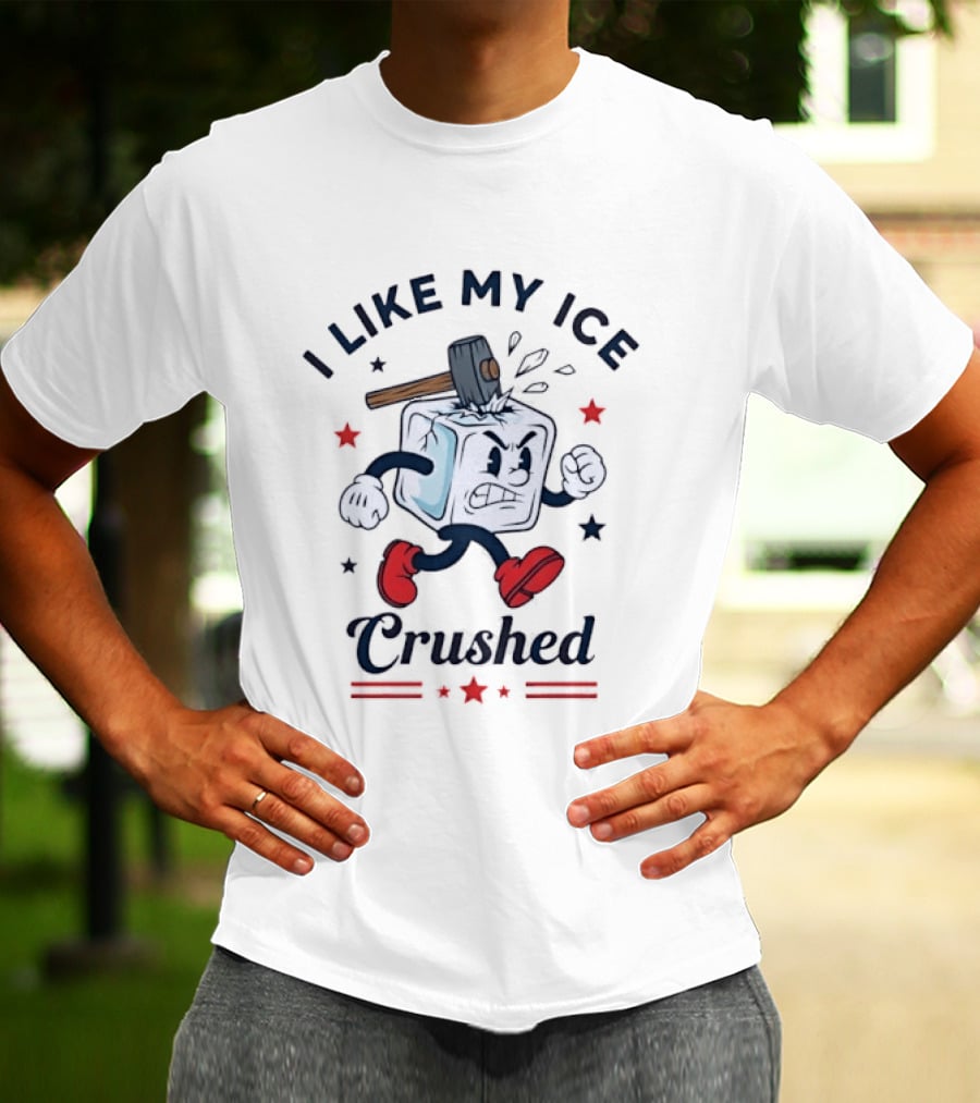 I Like My Ice Crushed Cartoon Ice Cube With Hammer And Stars T-Shirt