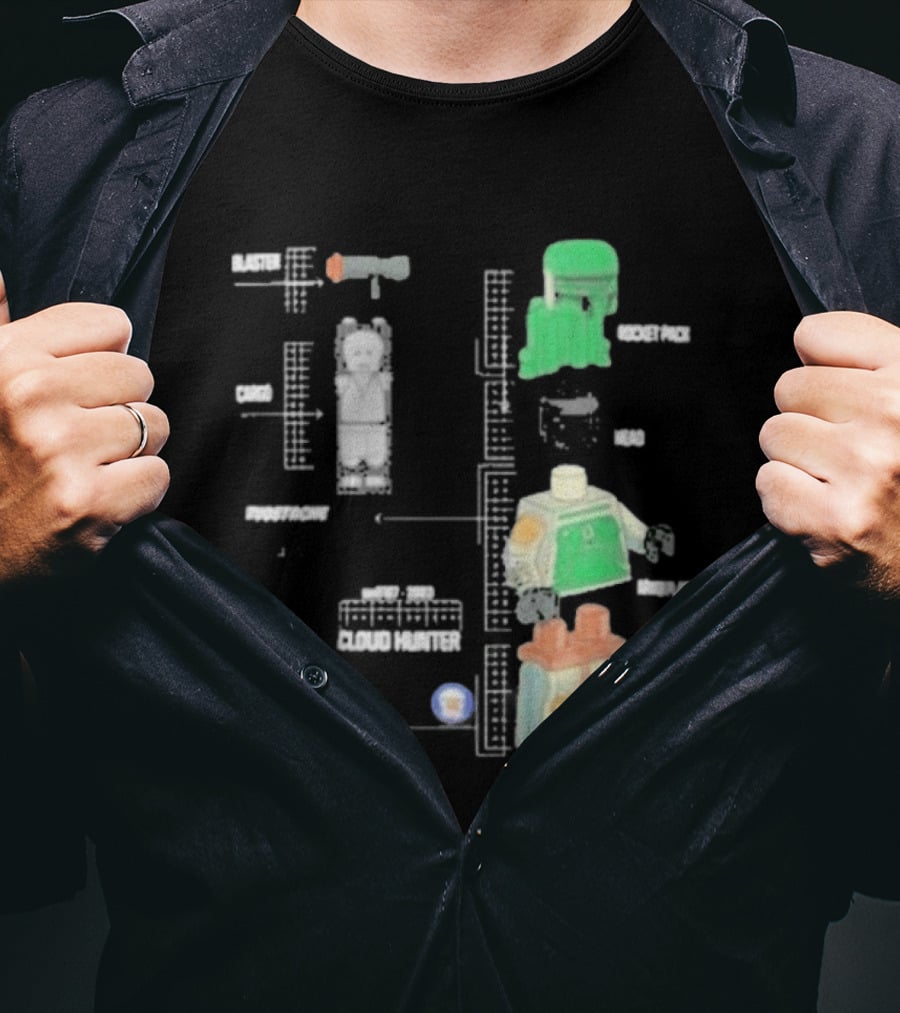 Studstache Cloud Hunter Blueprint With Block Figures And Sci Fi T-Shirt