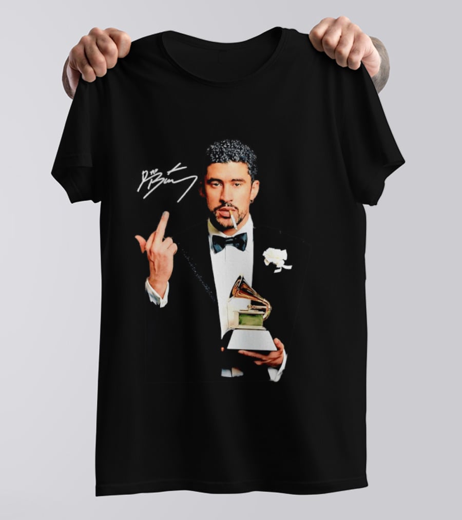 Bad Bunny Smoking Middle Finger Holding Grammy 2026 T-Shirt