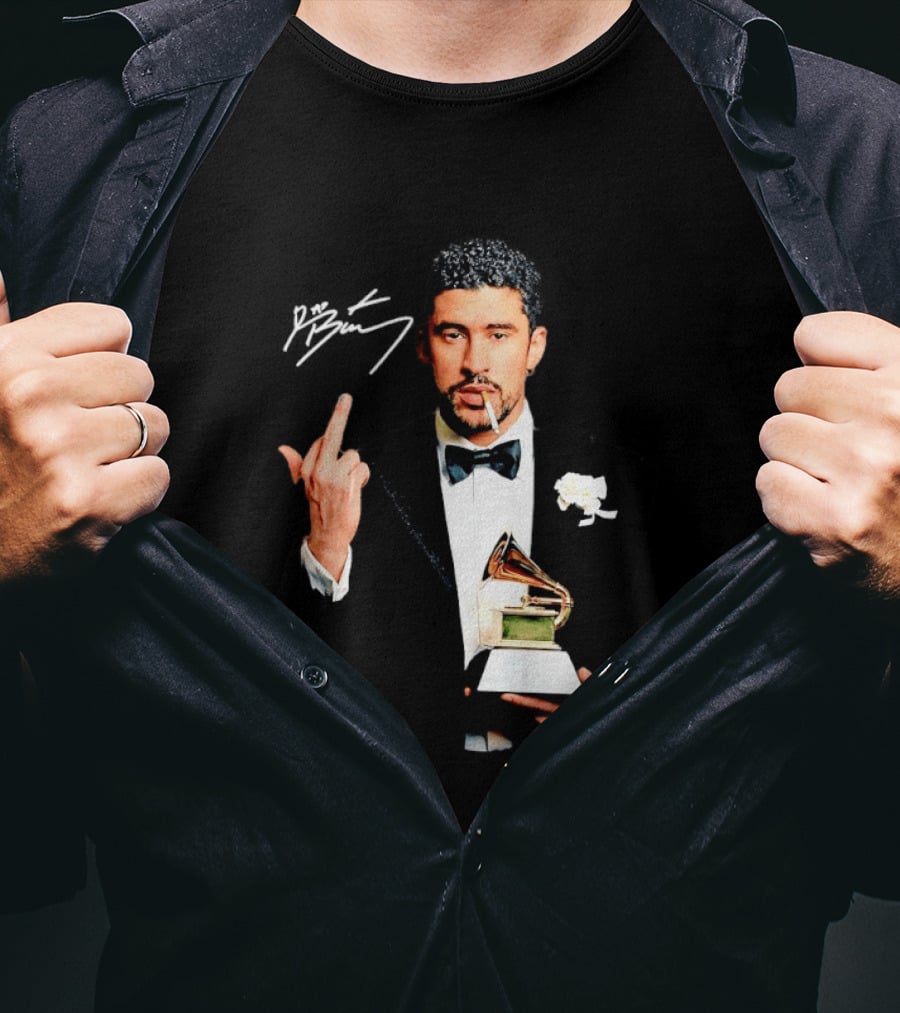 Bad Bunny Smoking Middle Finger Holding Grammy 2026 T-Shirt