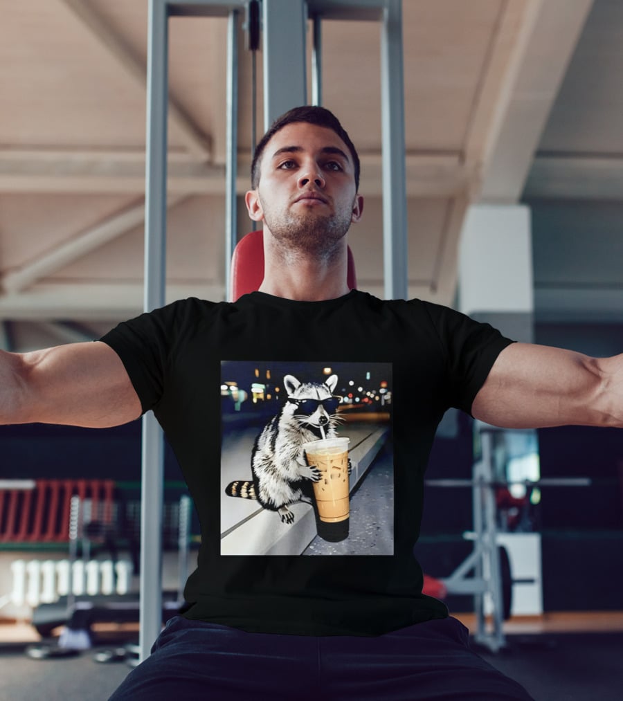 Raccoon Wearing Sunglasses Enjoying Iced Coffee Night Scene T-Shirt