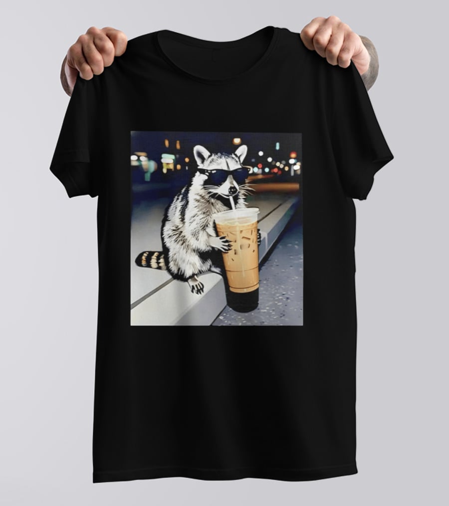 Raccoon Wearing Sunglasses Enjoying Iced Coffee Night Scene T-Shirt