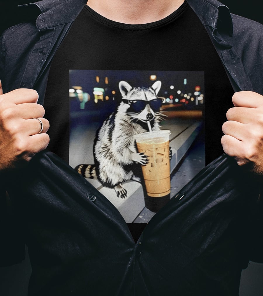 Raccoon Wearing Sunglasses Enjoying Iced Coffee Night Scene T-Shirt