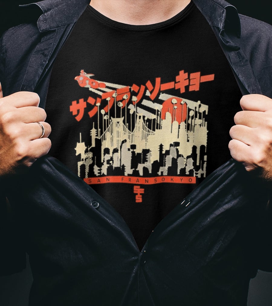 Sanfrasokyo Cityscape Fusion With Japanese Text And Baymax Figure T-Shirt