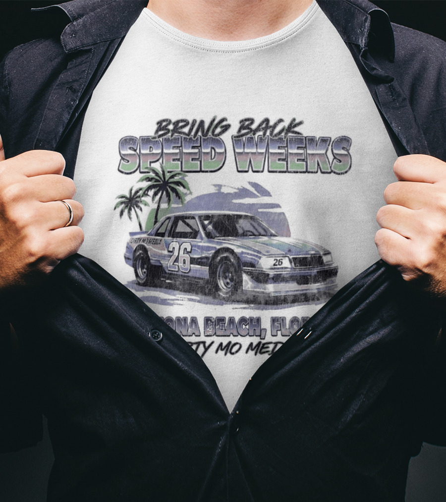 Bring Back Speed Weeks Daytona Beach Florida Dirty Mo Media Racing Car Palm Trees T-Shirt