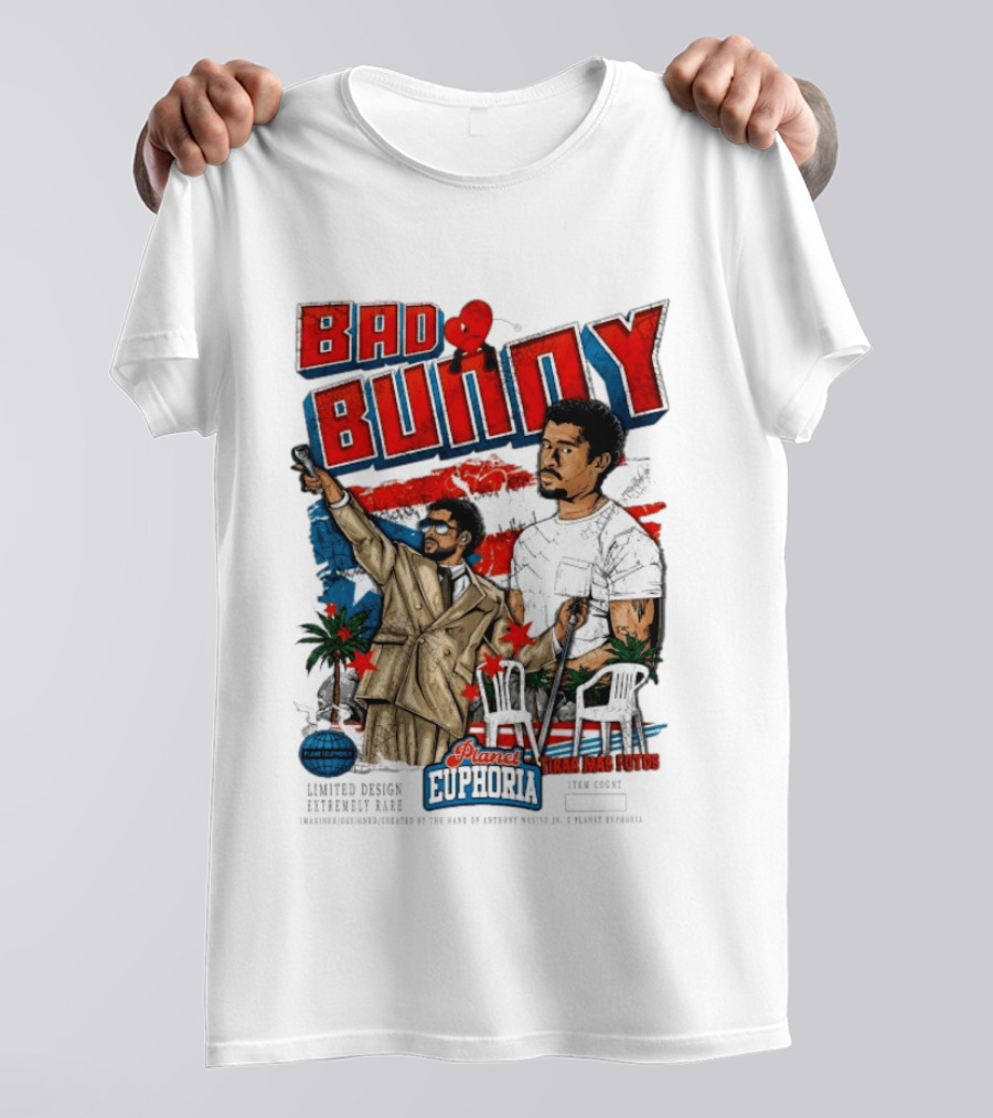 Bad Bunny Tirar Mas Fotos Planet Euphoria Palm Trees Chairs Red White Blue T-Shirt