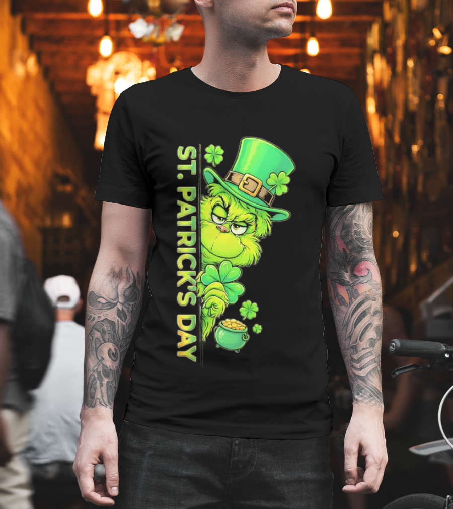 St. Patrick's Day Grinch With Leprechaun Hat And Gold Pot T-Shirt