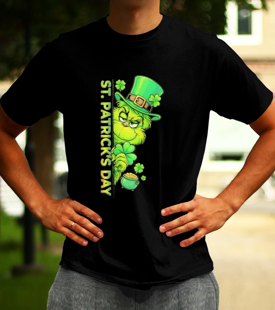 St. Patrick's Day Grinch With Leprechaun Hat And Gold Pot T-Shirt
