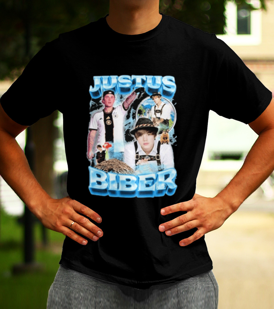 Justus Biber Justin Bieber Bavarian Inspired Collage Football Lederhosen T-Shirt