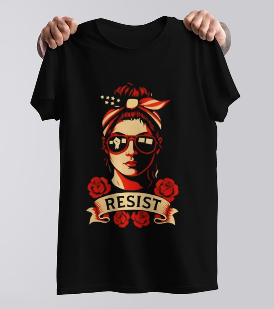 Patriotic Woman Resist American Flag Bandana And Glasses With Roses T-Shirt