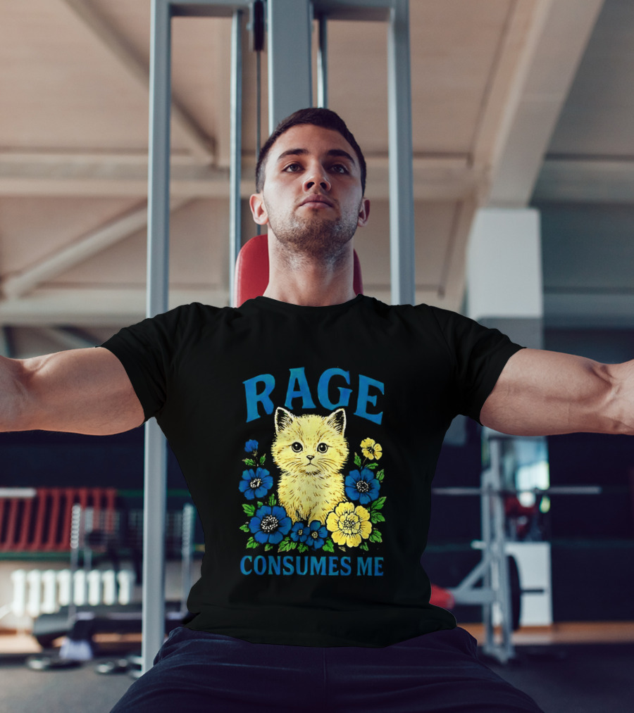 Rage Consumes Me Cat Surrounded By Blue And Yellow Flowers T-Shirt