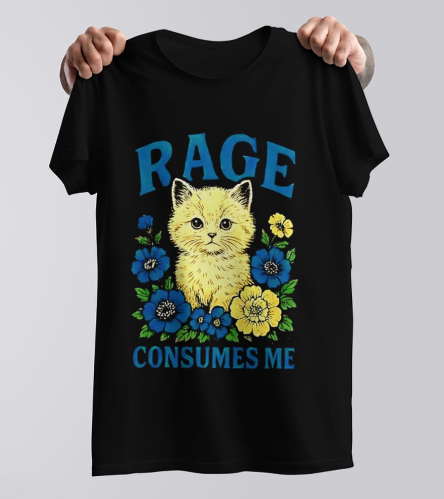 Rage Consumes Me Cat Surrounded By Blue And Yellow Flowers T-Shirt