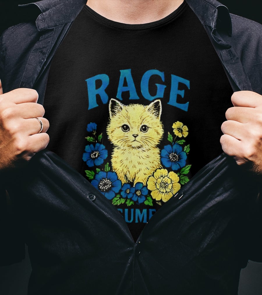 Rage Consumes Me Cat Surrounded By Blue And Yellow Flowers T-Shirt