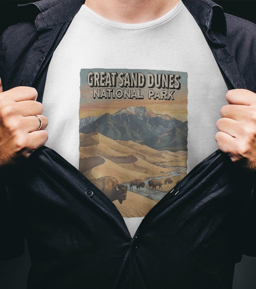 Great Sand Dunes National Park With Buffalo And Mountains Scene T-Shirt