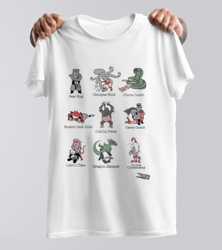 Wrestling Holds Animal Back Breaker Octopus Hold Cobra Clutch Boston Crab Inverted Power Slam Gorilla Press Armbar Monkey Flip Raging Bull T-Shirt