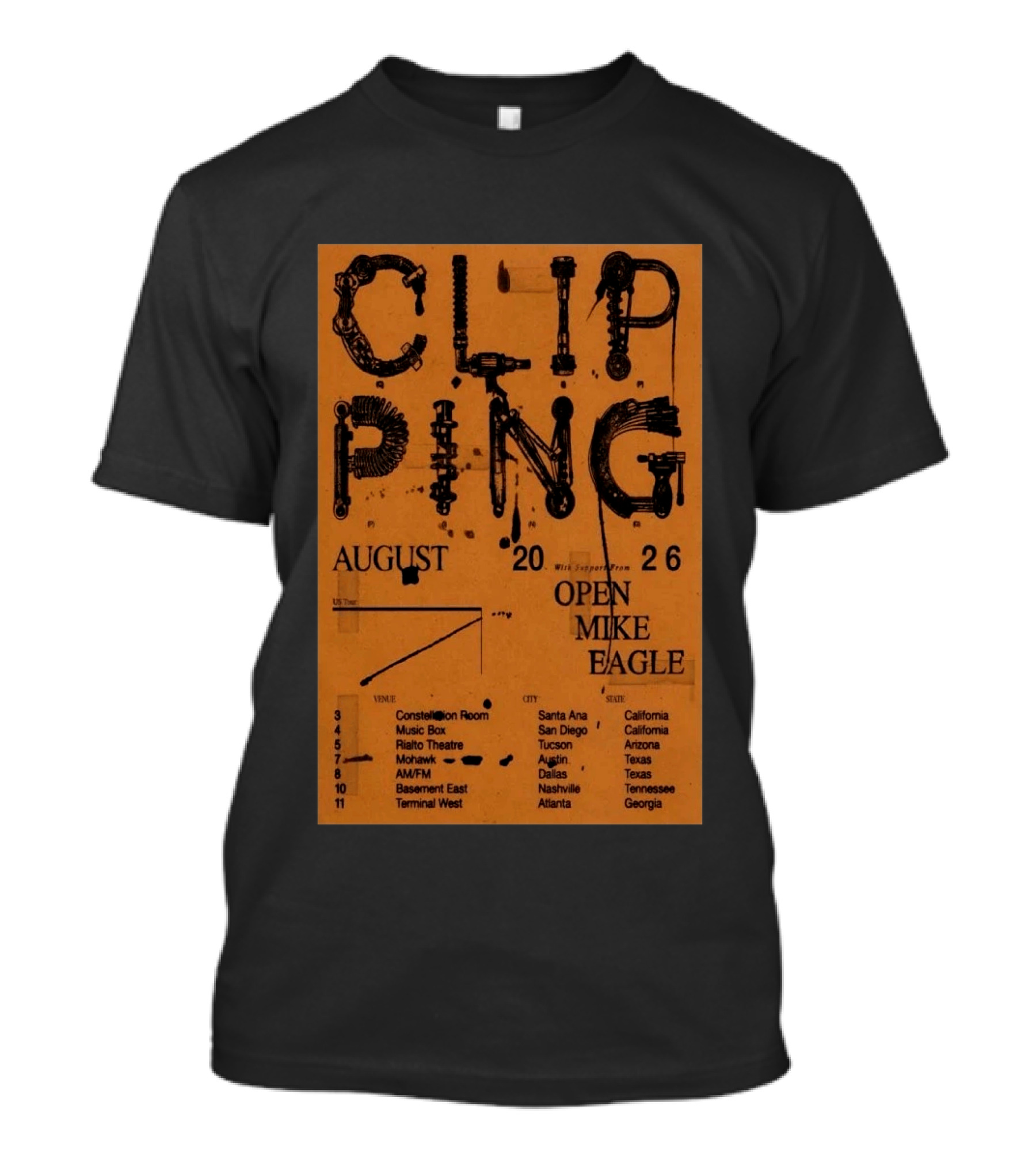 Clipping August 2026 Tour Shows With Open Mike Eagle California Texas Georgia T-Shirt