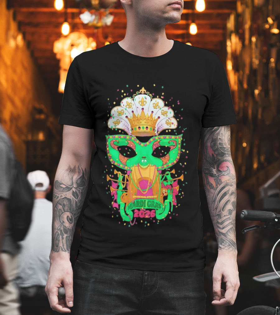 Universal Studios Mardi Gras 2026 Festive Mask And Crown Celebration T-Shirt