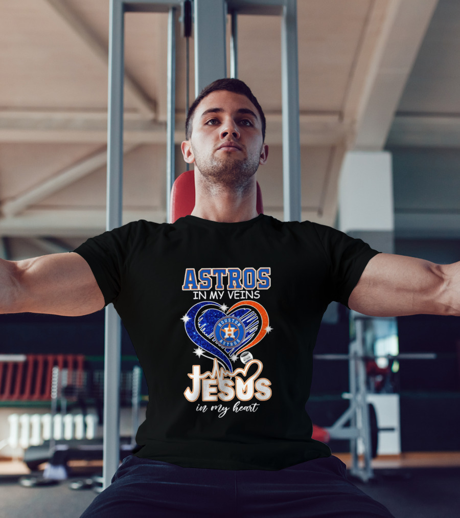 Houston Astros In My Veins Jesus In My Heart Heartbeat Diamond Shape T-Shirt