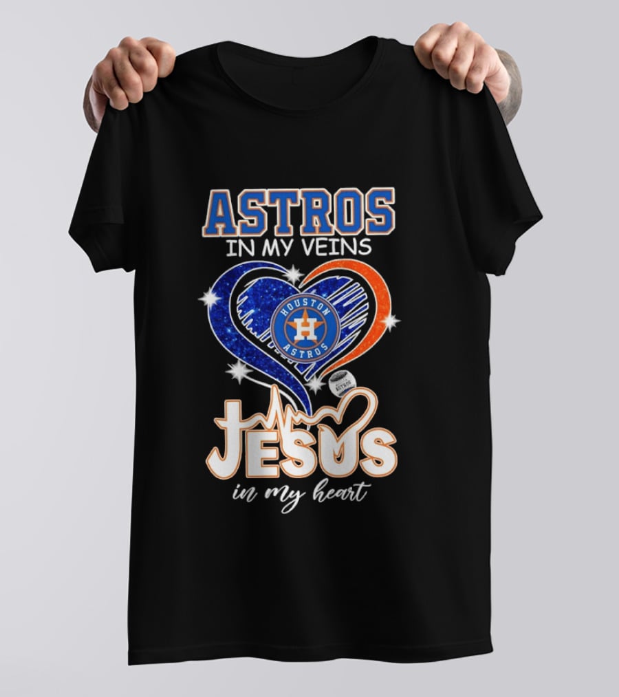 Houston Astros In My Veins Jesus In My Heart Heartbeat Diamond Shape T-Shirt